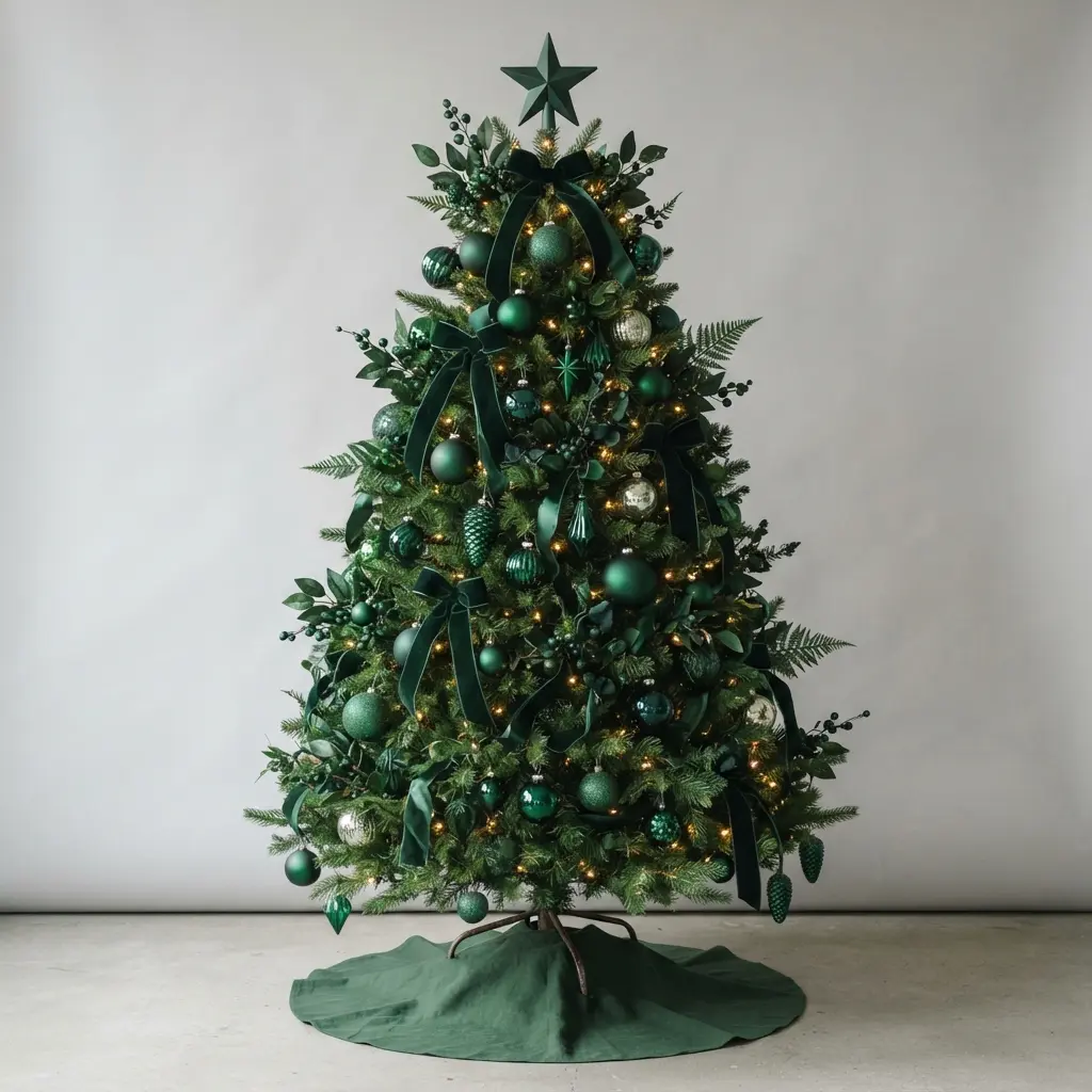 A Christmas tree decorated entirely in shades of deep emerald green, from ornaments to ribbon and tree picks.
