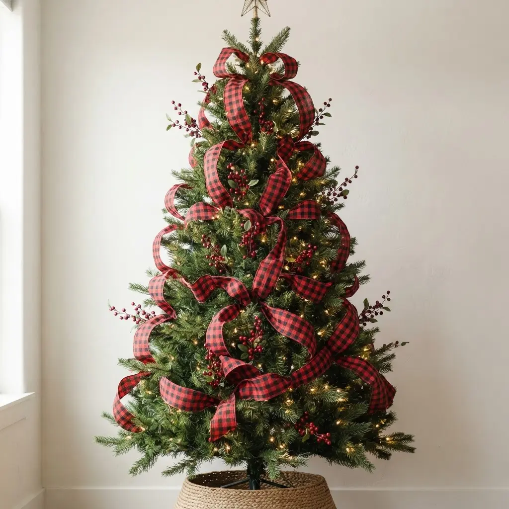 A classic green tree featuring wide red and black buffalo check plaid ribbon and simple red berry picks.