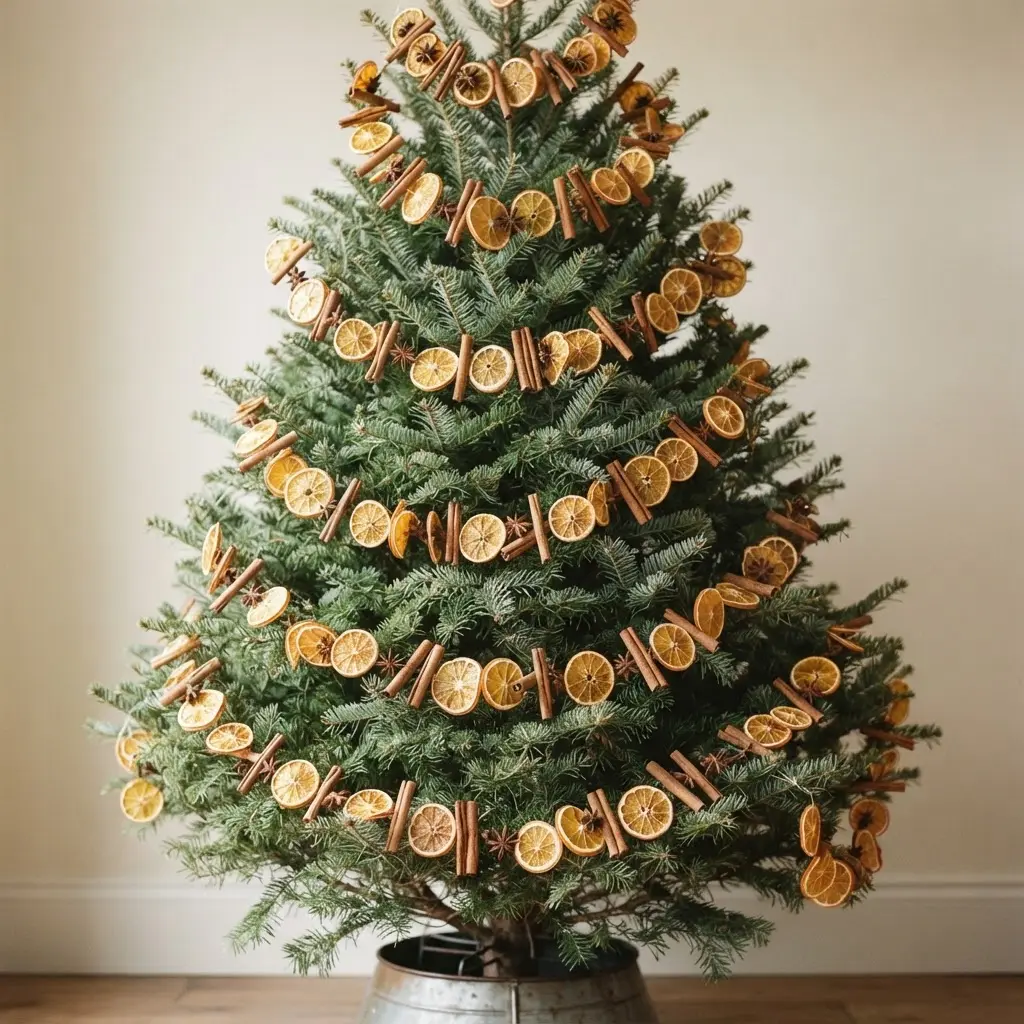 A natural-looking tree draped with garlands of dried orange slices, cinnamon sticks, and anise stars.