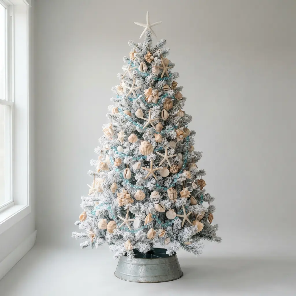A white Christmas tree decorated with various seashells, starfish ornaments, and strands of blue glass beads.