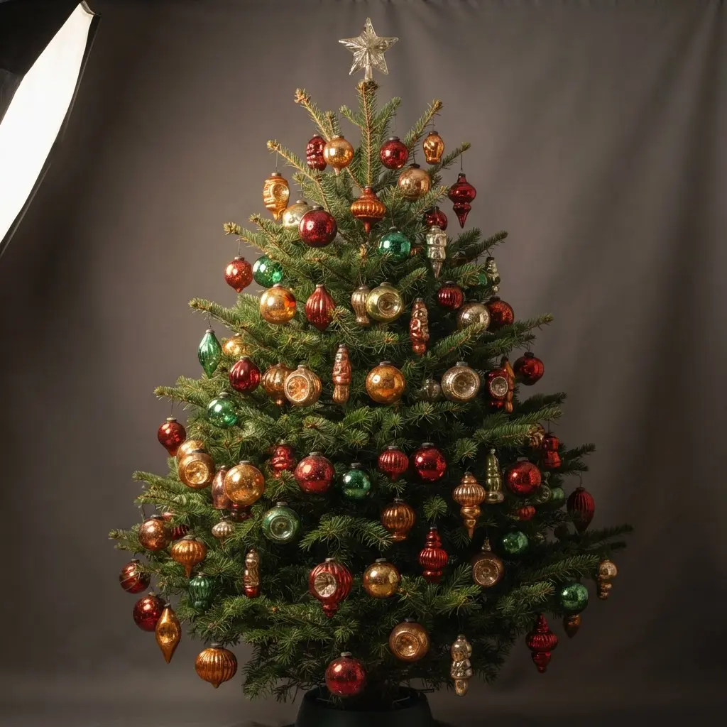 A traditional green tree covered in an assortment of colorful, vintage-inspired glass ball ornaments in various shapes.