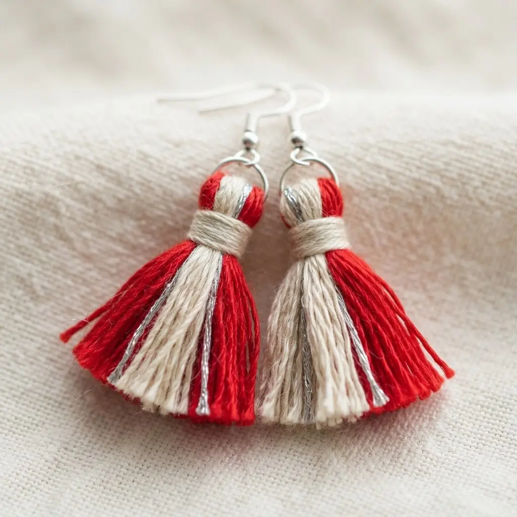 Two bright red mini tassel dangle earrings with neat, tight thread wraps and silver ear wires.