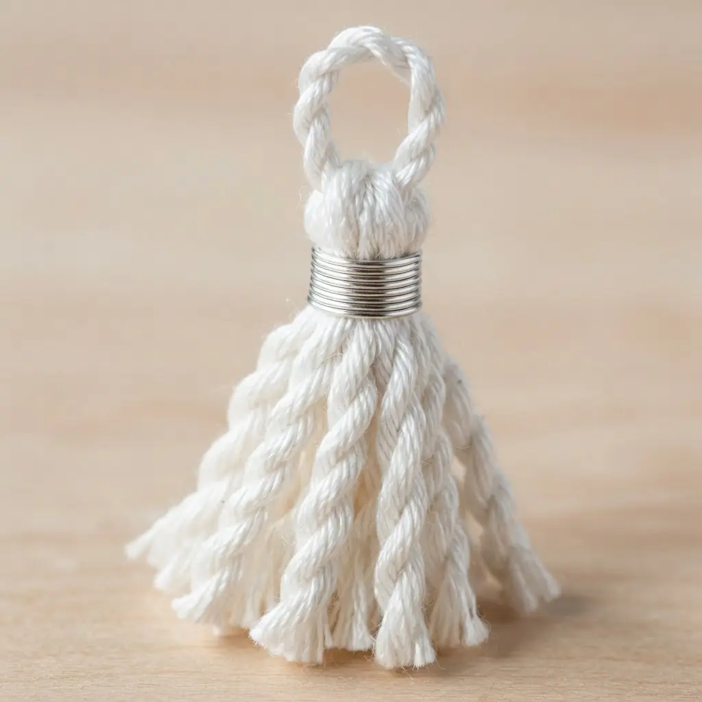 A white perle cotton mini tassel with a textured surface and a band of shiny silver wire wrapped tightly around its neck.