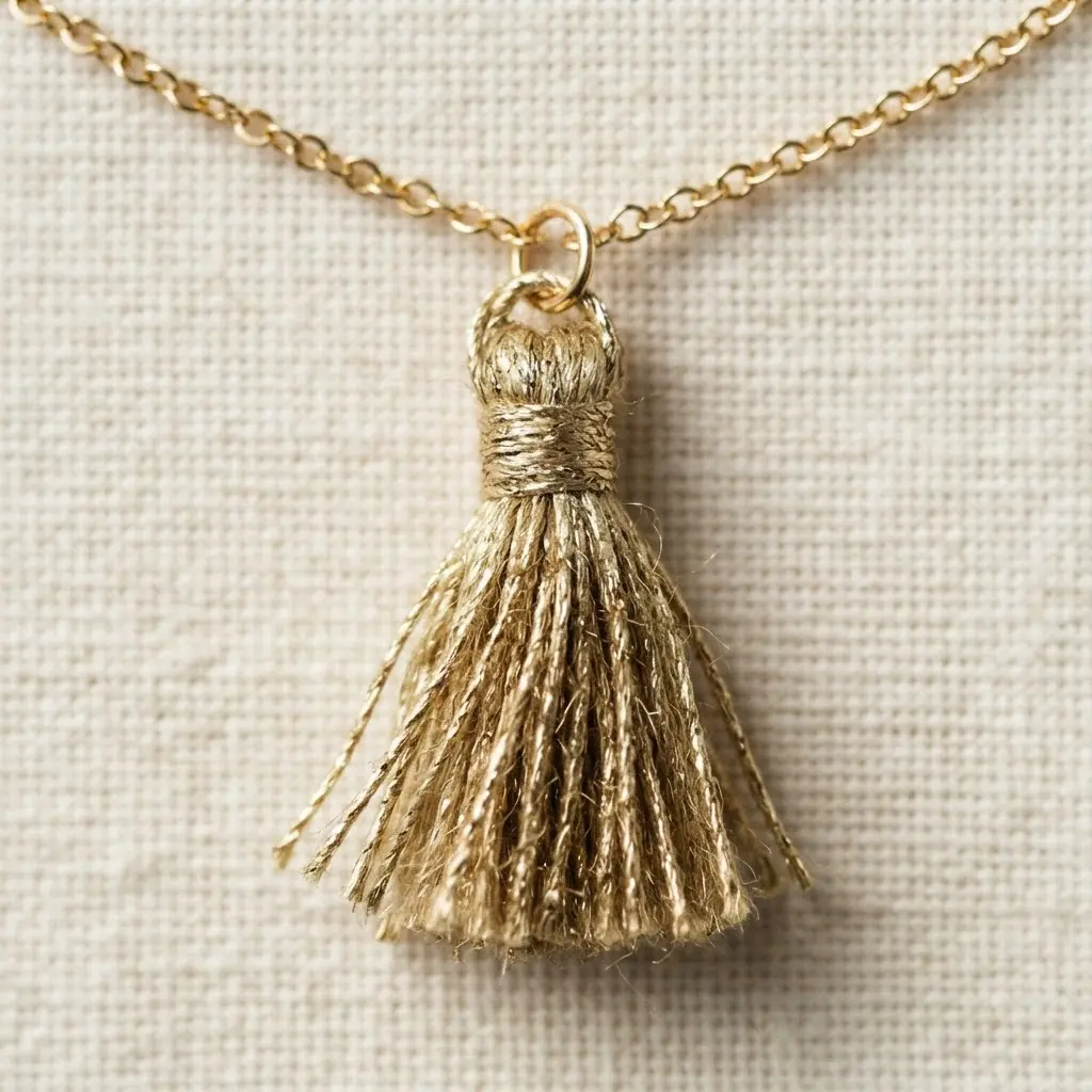 A small, shiny gold metallic thread tassel charm on a thin, delicate chain bracelet.