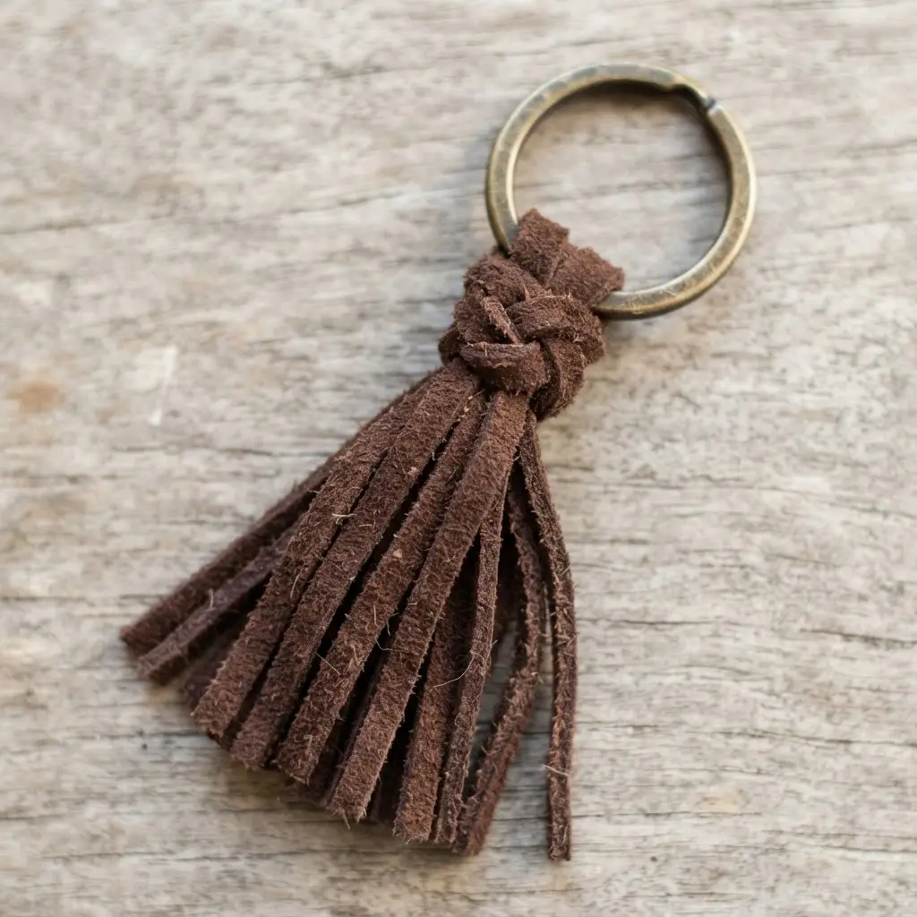 A rustic mini tassel crafted from braided brown suede cord, neatly finished and looped onto a metal key ring.