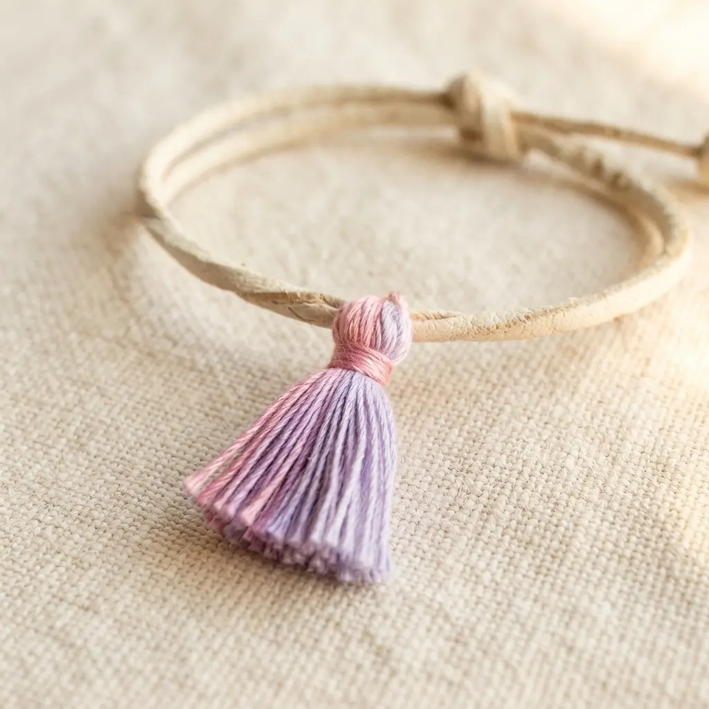 A leather cord bracelet with a small tassel showing a smooth ombre blend from pink to lavender embroidery floss.