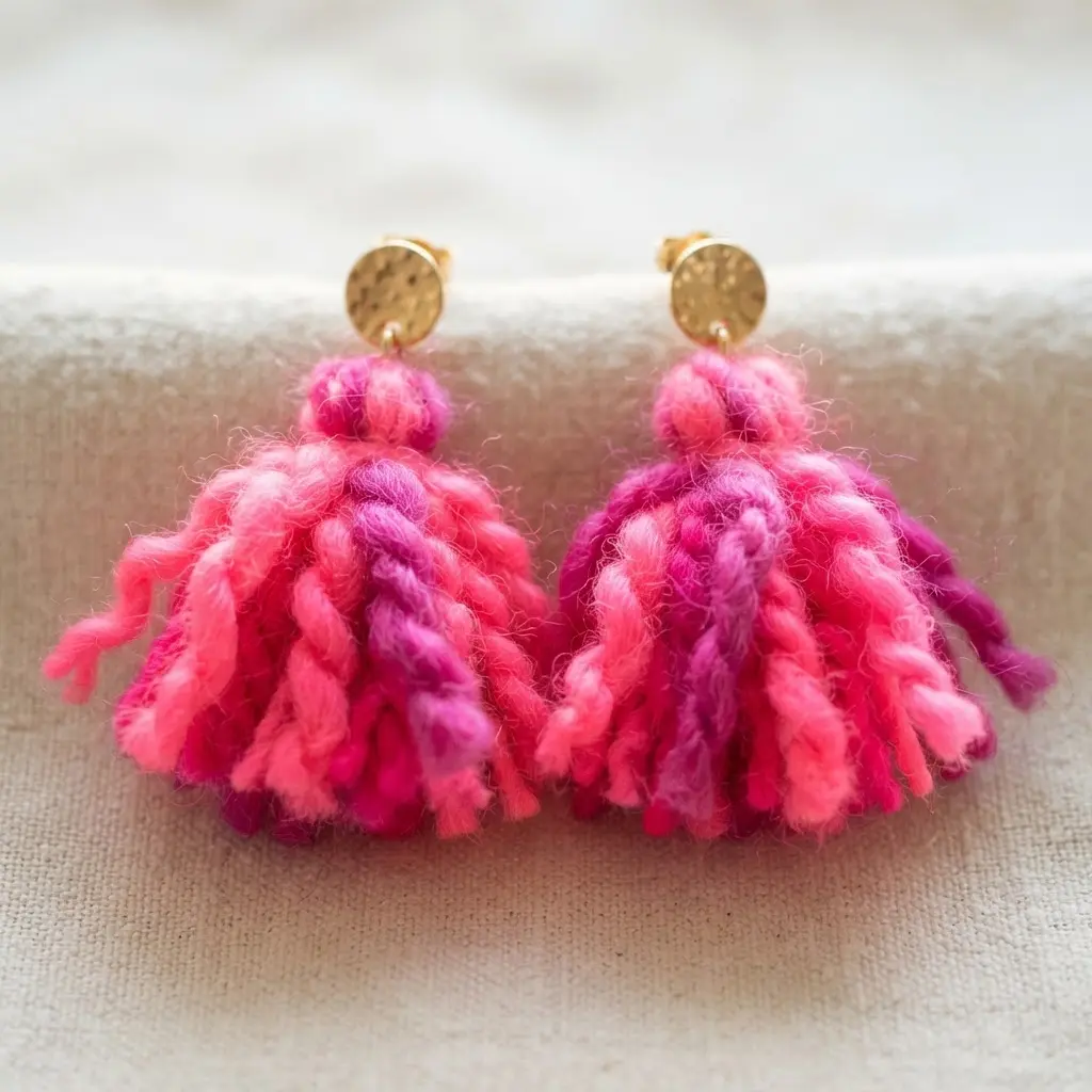A pair of statement earrings with fluffy, neon pink yarn cluster tassels on gold posts.