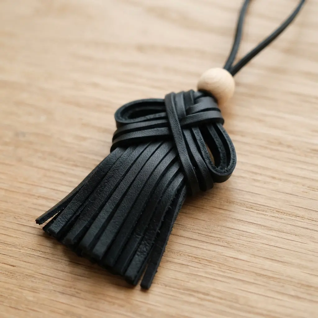 A minimalist geometric tassel pendant crafted from a single, folded strand of thin black leather cord.