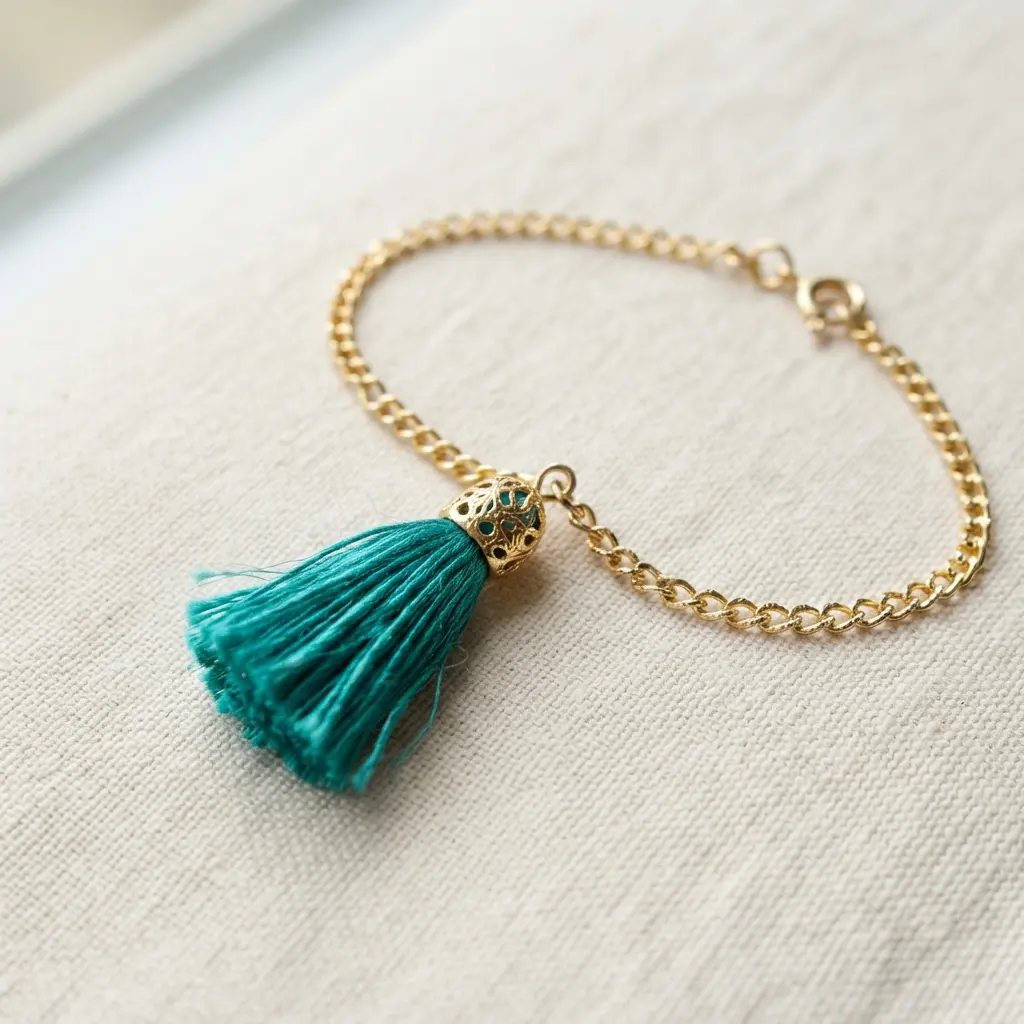 A delicate chain bracelet with a teal silk tassel whose threads are gathered and hidden under a small, ornate gold metal cap.