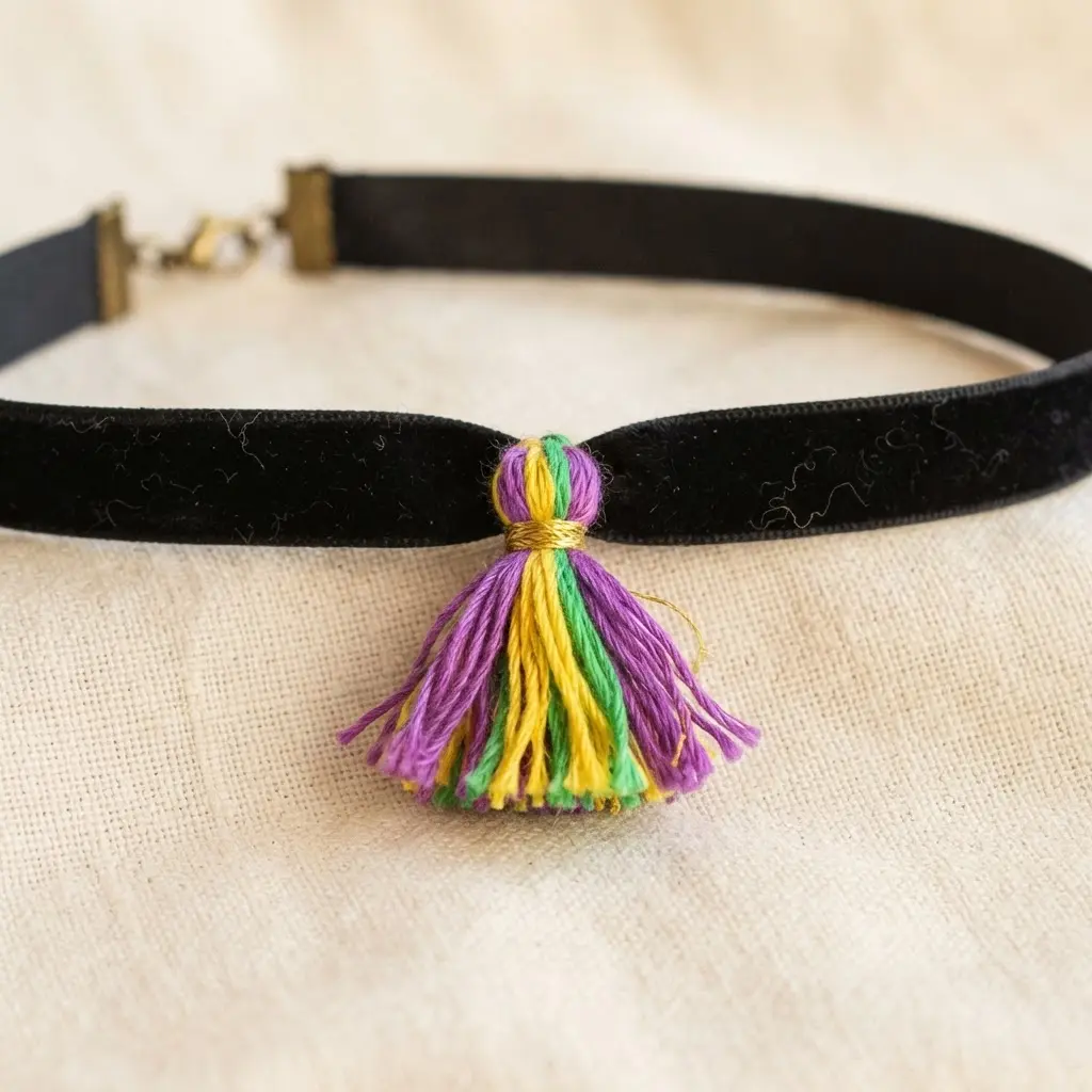 A black ribbon choker with a layered mini tassel combining short strands of purple, green, and yellow embroidery floss.