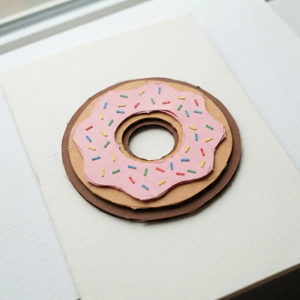 A handmade greeting card featuring a pink doughnut with brown icing, created from layered circles of construction paper.