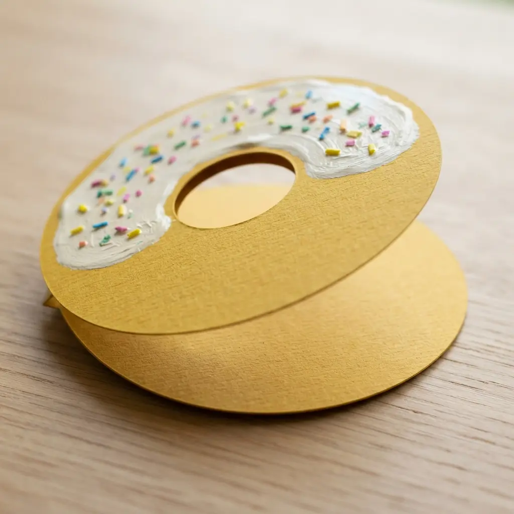 A single piece of cardstock cut and folded into a three-dimensional doughnut shape that opens like a greeting card.
