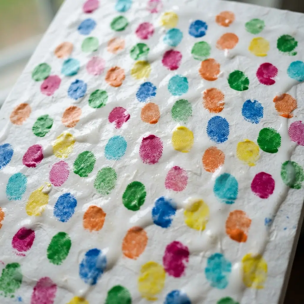A paper doughnut card with a white icing base covered in tiny, colorful fingerprint dots representing sprinkles.