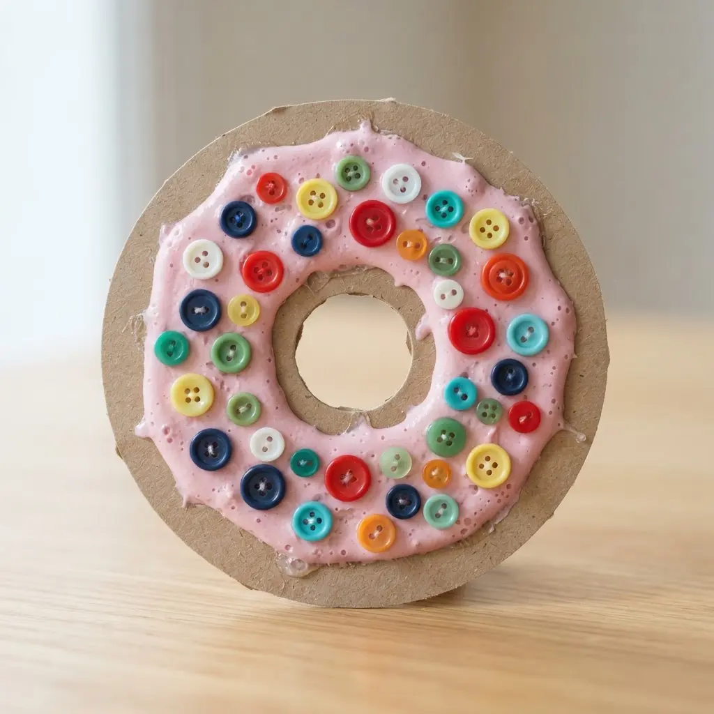 A simple paper doughnut card with a ring of small, multicolored buttons glued on top as playful sprinkles.
