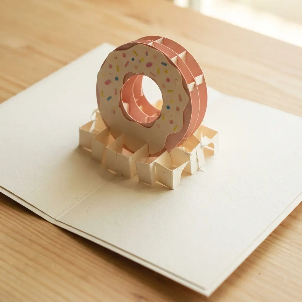 A folded card that opens to reveal a three-dimensional paper doughnut popping up from the center.