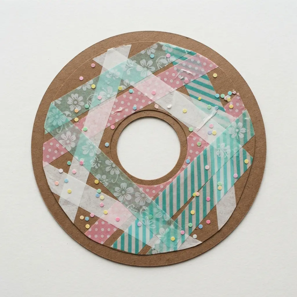 A card showing a brown paper doughnut circle topped with a swath of colorful, patterned washi tape as frosting.