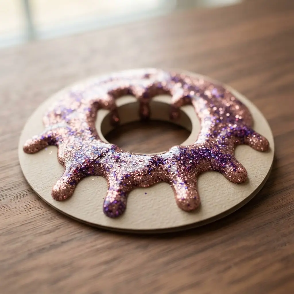 A handmade card with a tan paper doughnut base and thick, shiny drips of pink and purple glitter glue representing icing.