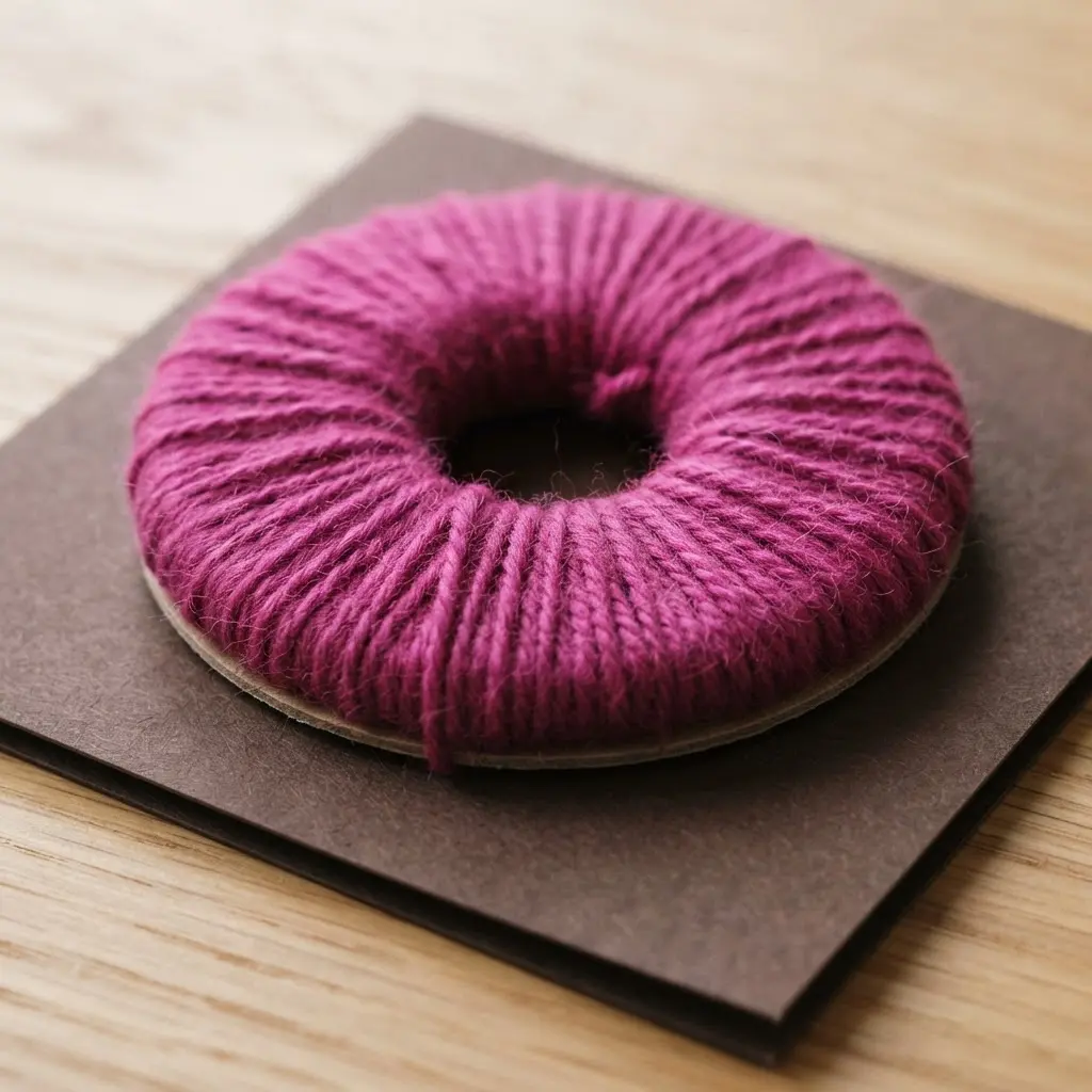 A card with a circular cut-out, its edges thickly wrapped with bright pink yarn to form a fluffy doughnut shape.