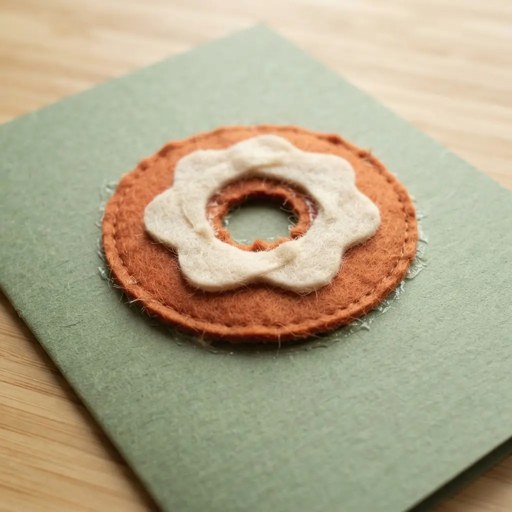 A greeting card featuring a doughnut applique made from soft brown and pink felt pieces glued onto the card front.