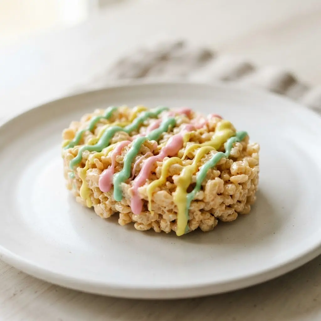 A smooth egg-shaped rice krispie treat with colorful candy melt drizzles on a white plate.