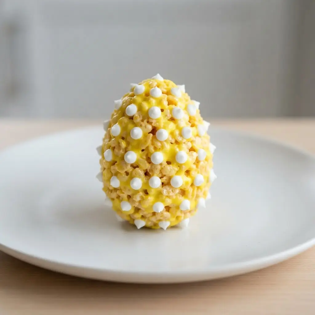 A yellow candy-coated rice krispie egg treat adorned with neat white icing polka dots.