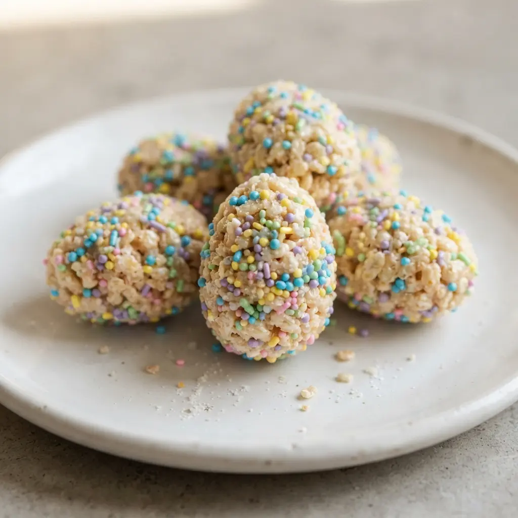 A cluster of miniature rice krispie egg treats completely coated in rainbow sprinkles.