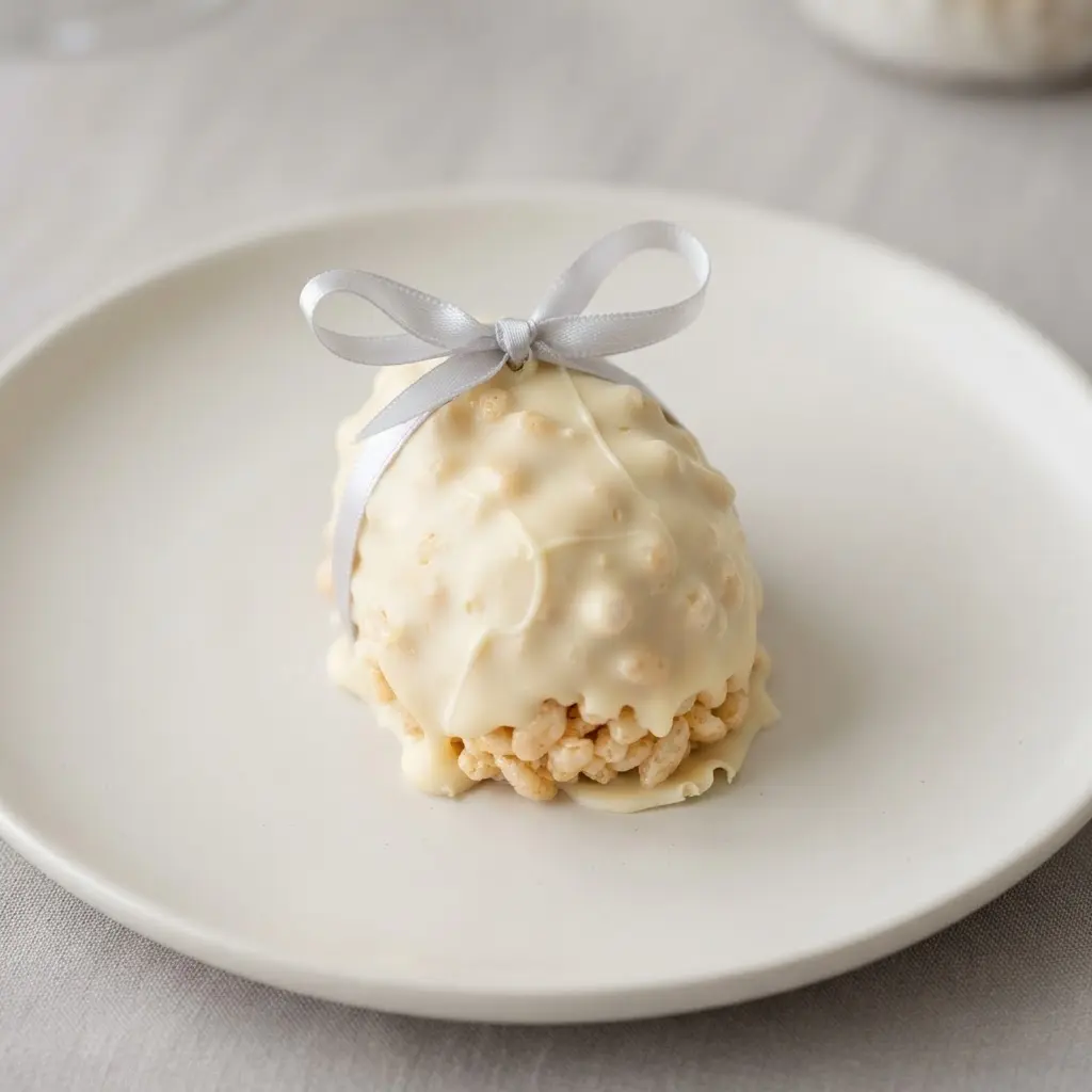 A smooth white chocolate coated rice krispie egg with a pastel ribbon loop for hanging.