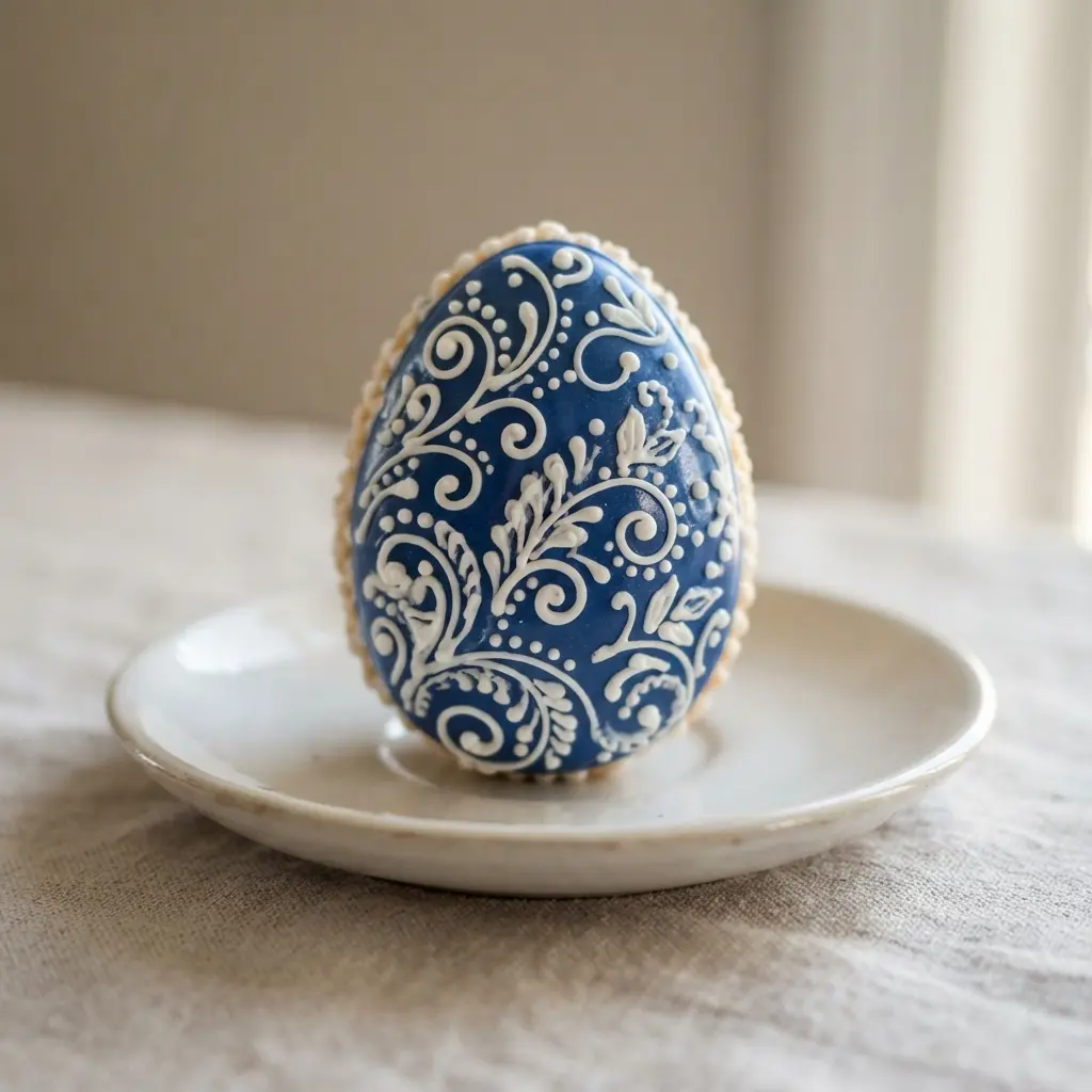 A royal blue rice krispie egg treat adorned with delicate white icing swirls and dots.