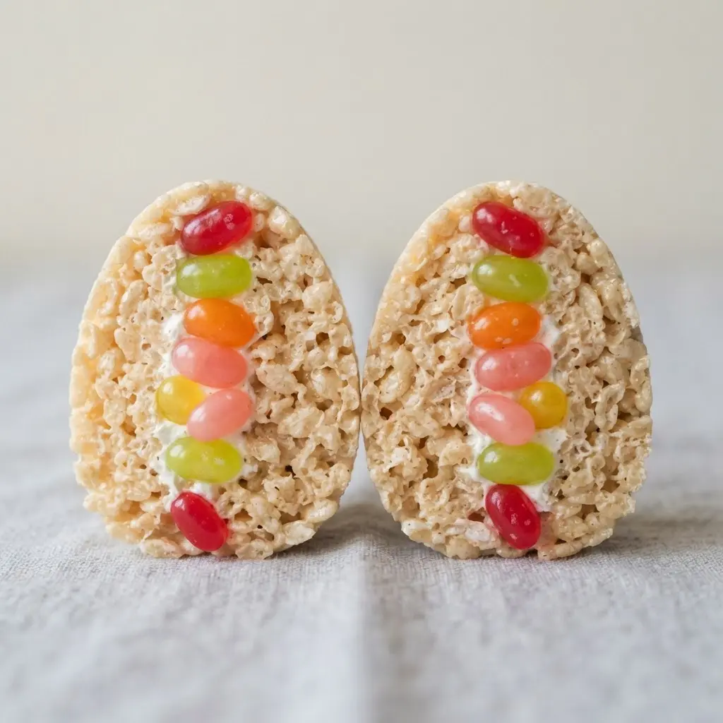 Two halves of a rice krispie egg treat, each topped with a neat line of assorted mini jelly beans.