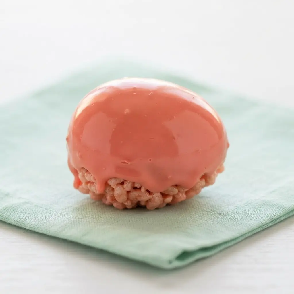A glossy, solid pink candy melt coated rice krispie egg on a spring-themed napkin.