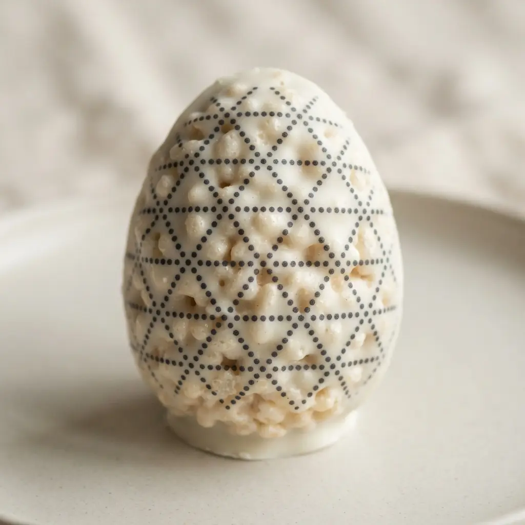 A white chocolate dipped rice krispie egg with a precise polka dot pattern drawn using edible markers.