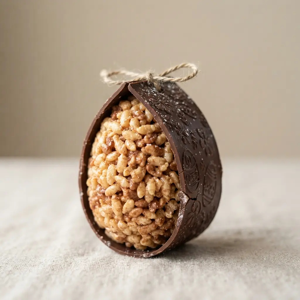 A rice krispie egg treat partially wrapped in a textured chocolate wafer sheet, creating a striped effect.