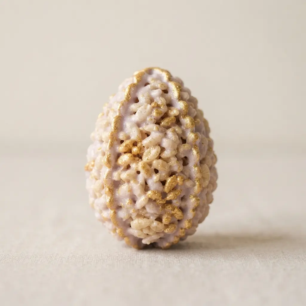 A light lavender rice krispie egg with delicate edible gold dust brushed along its ridges.