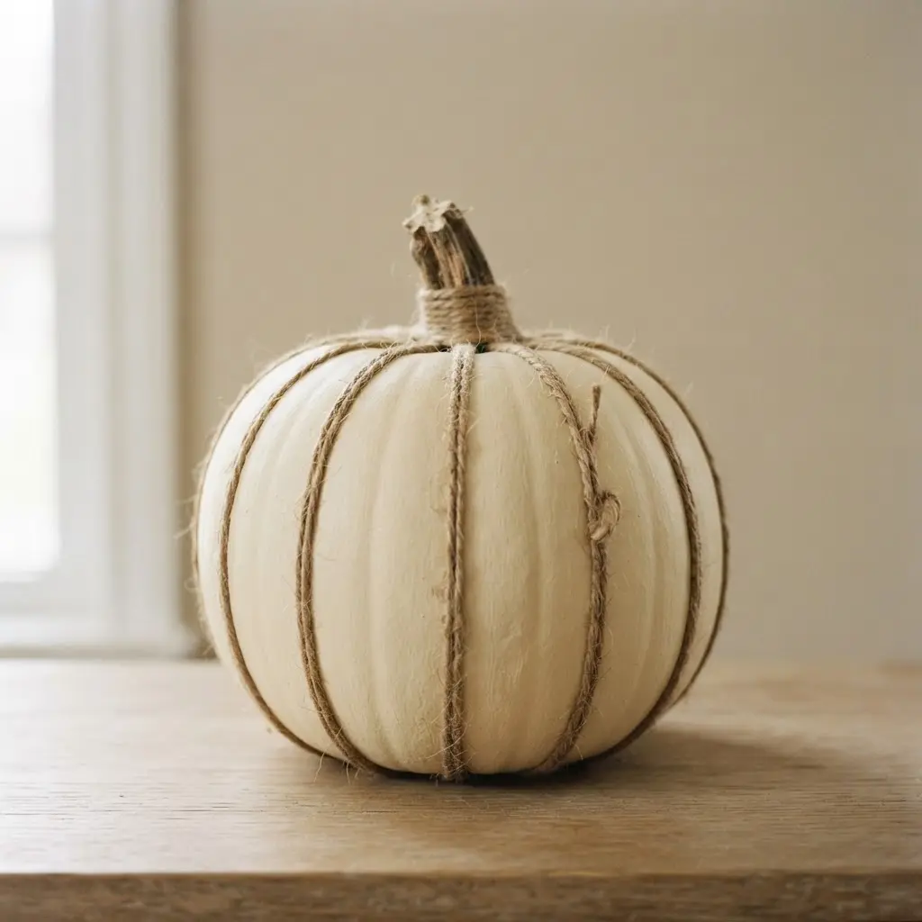 A smooth cream-colored pumpkin with evenly spaced vertical stripes of natural jute twine.