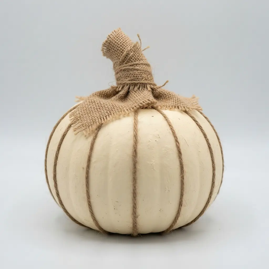 A pumpkin with clean jute twine stripes, featuring a stem embellished with rough-cut hessian burlap.