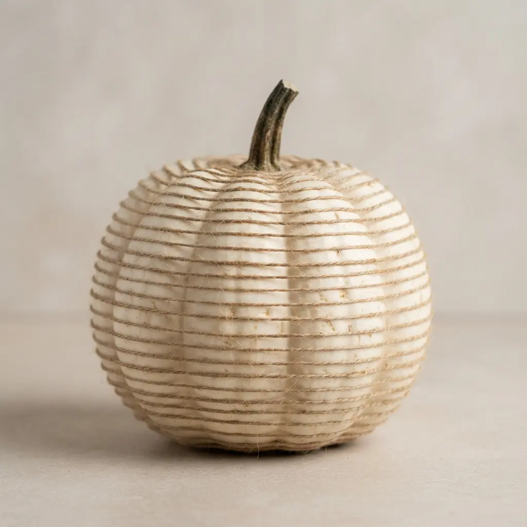 A natural white pumpkin gourd wrapped with delicate, closely spaced horizontal twine rows.