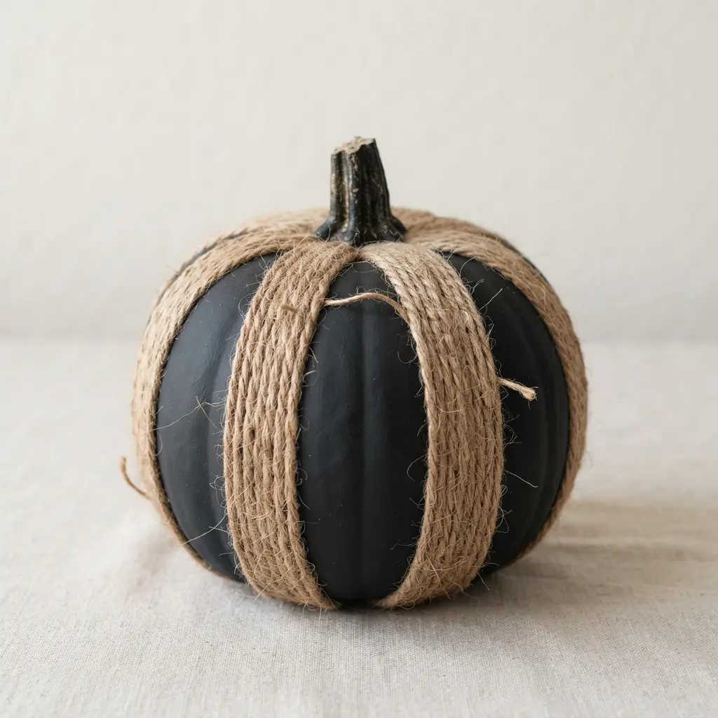 A dark matte black pumpkin with wide, contrasting stripes of thick, textured jute twine.