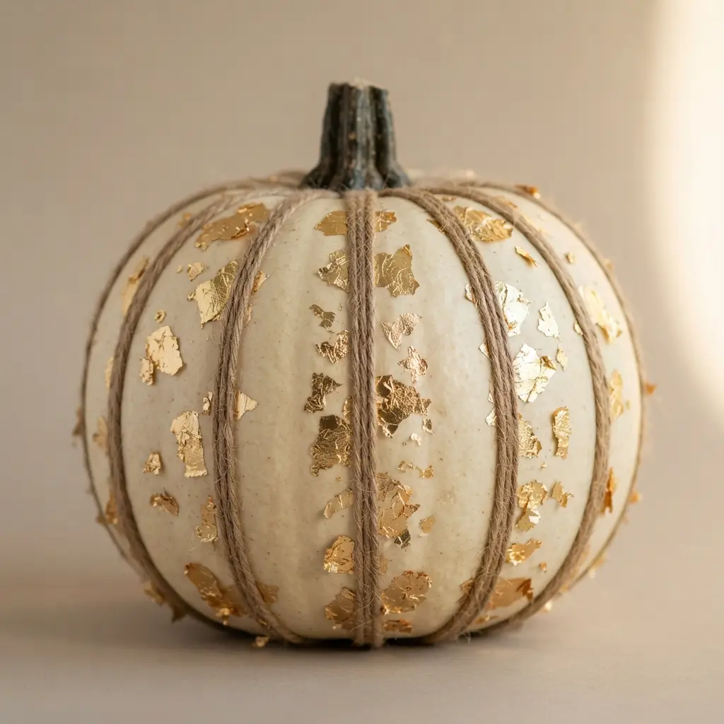 A neutral pumpkin with jute twine stripes, accented with small pieces of shimmering gold leaf.