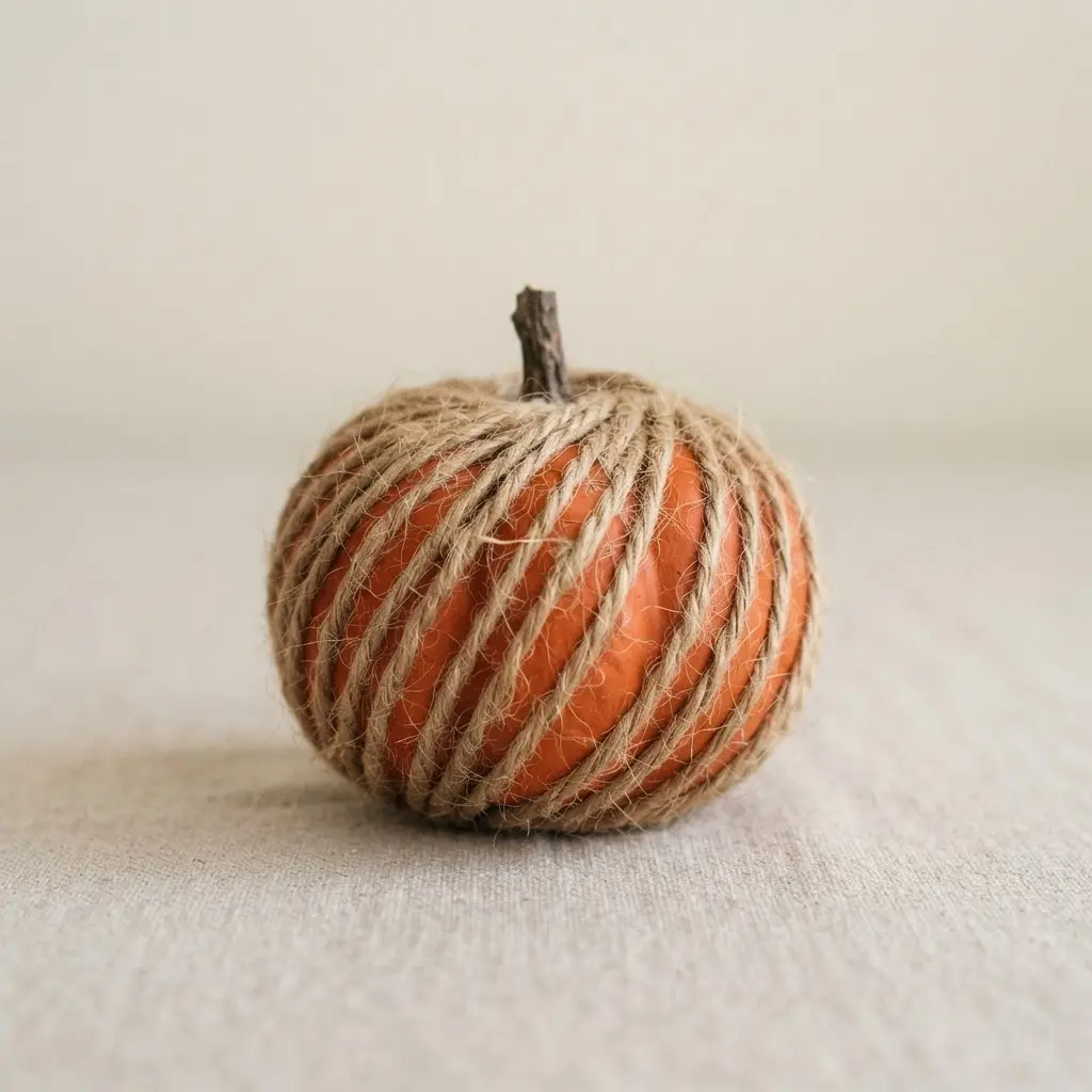 A tiny, bright orange pumpkin completely covered by a single, continuous spiral of jute twine.
