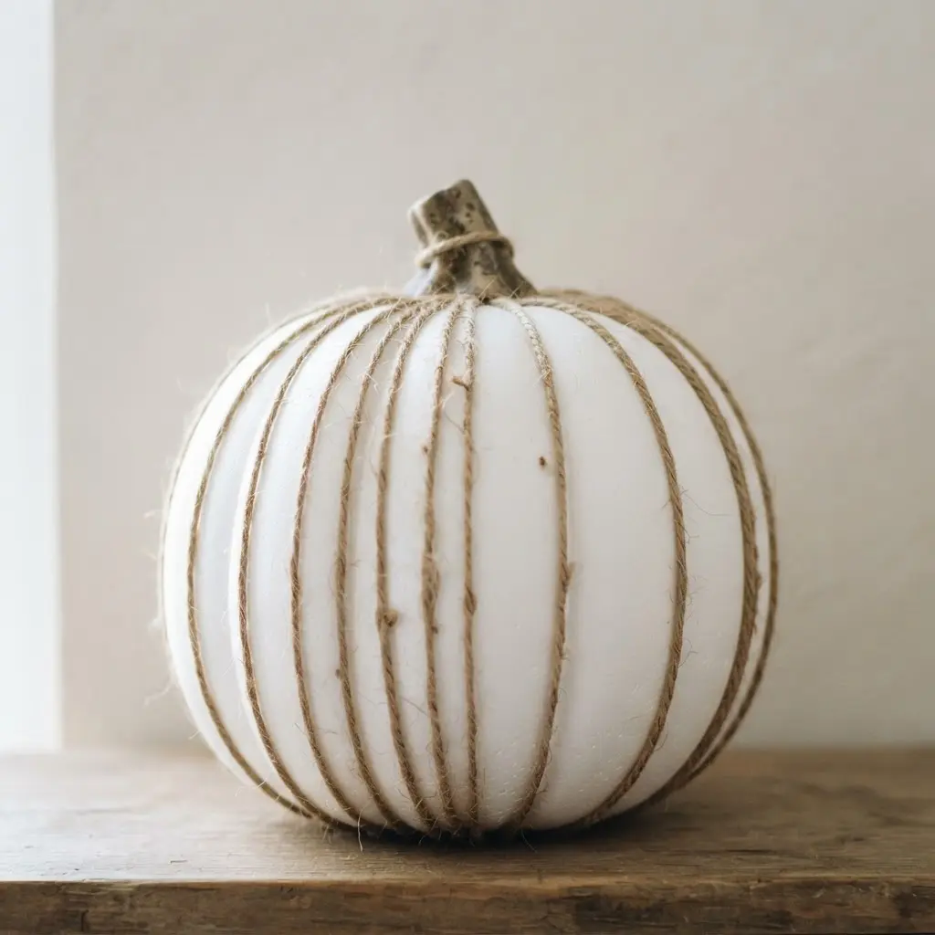 A white foam pumpkin with twine applied in irregular, varying-width stripes for an organic look.
