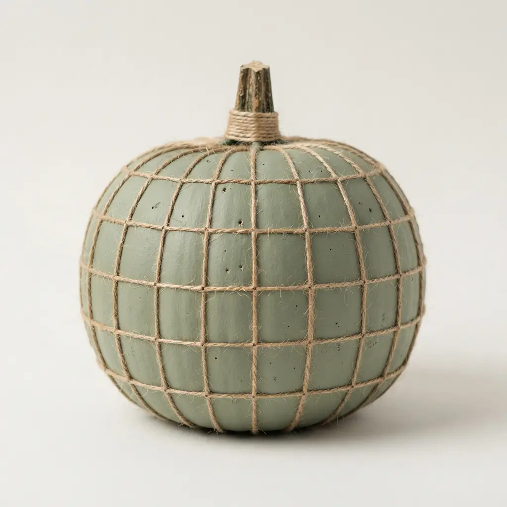 A muted sage green pumpkin featuring a clean, geometric grid pattern made from intersecting twine.