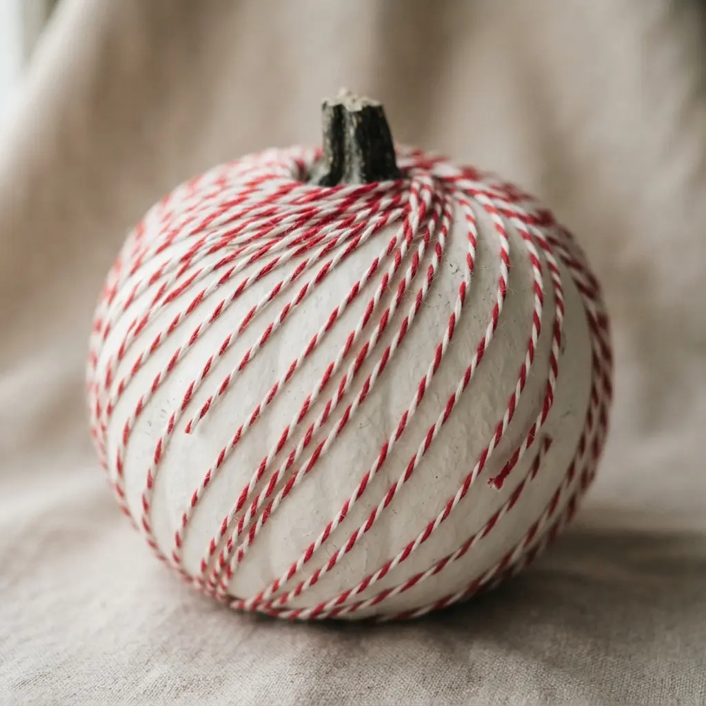 A white pumpkin base with thin, red and white bakers twine creating crisp, candy-stripe patterns.