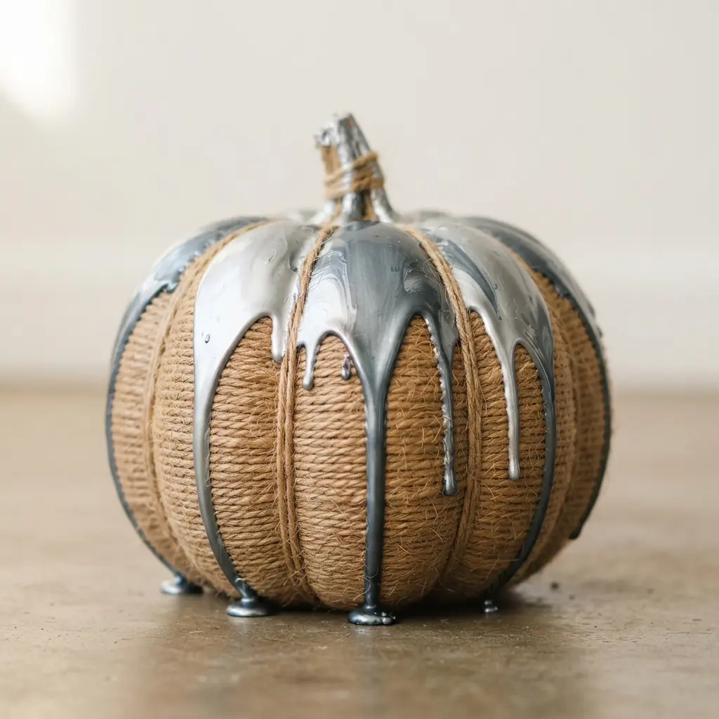A twine-striped pumpkin with artistic drips of metallic silver paint running over the texture.