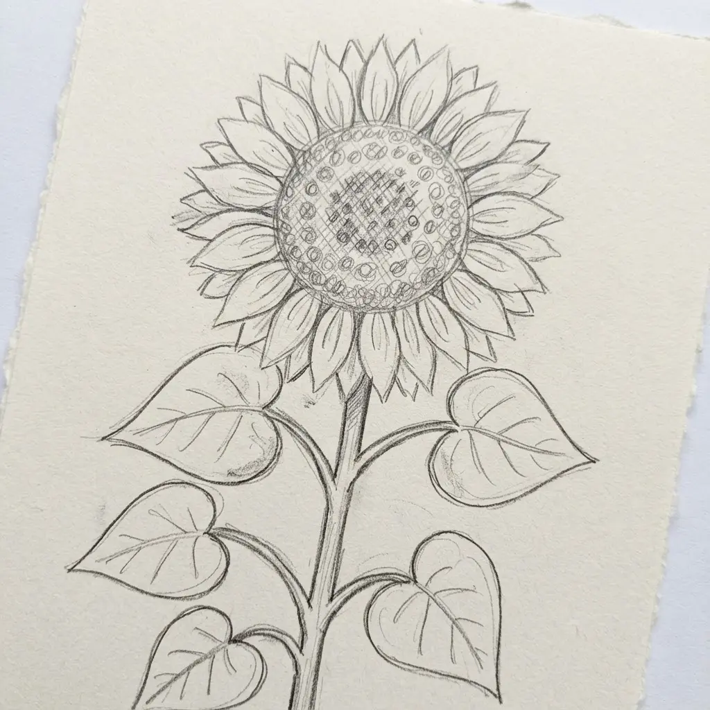 Simple heart-shaped leaves drawn on the stem of a sunflower.