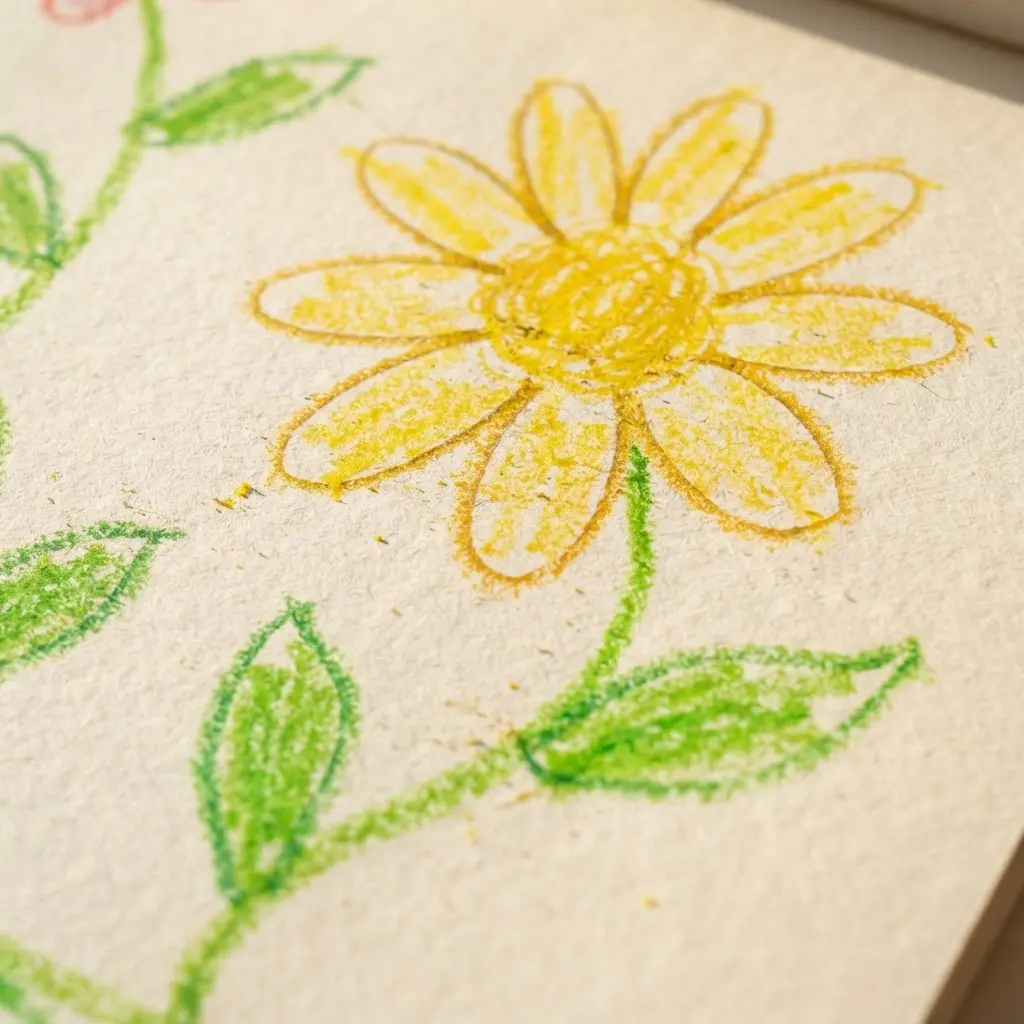 A completed daisy line art colored with crayons or markers.