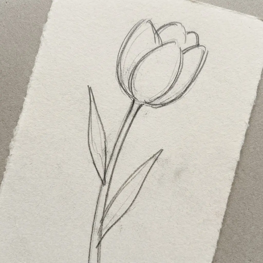 A straight vertical line drawn from the base of a tulip shape.