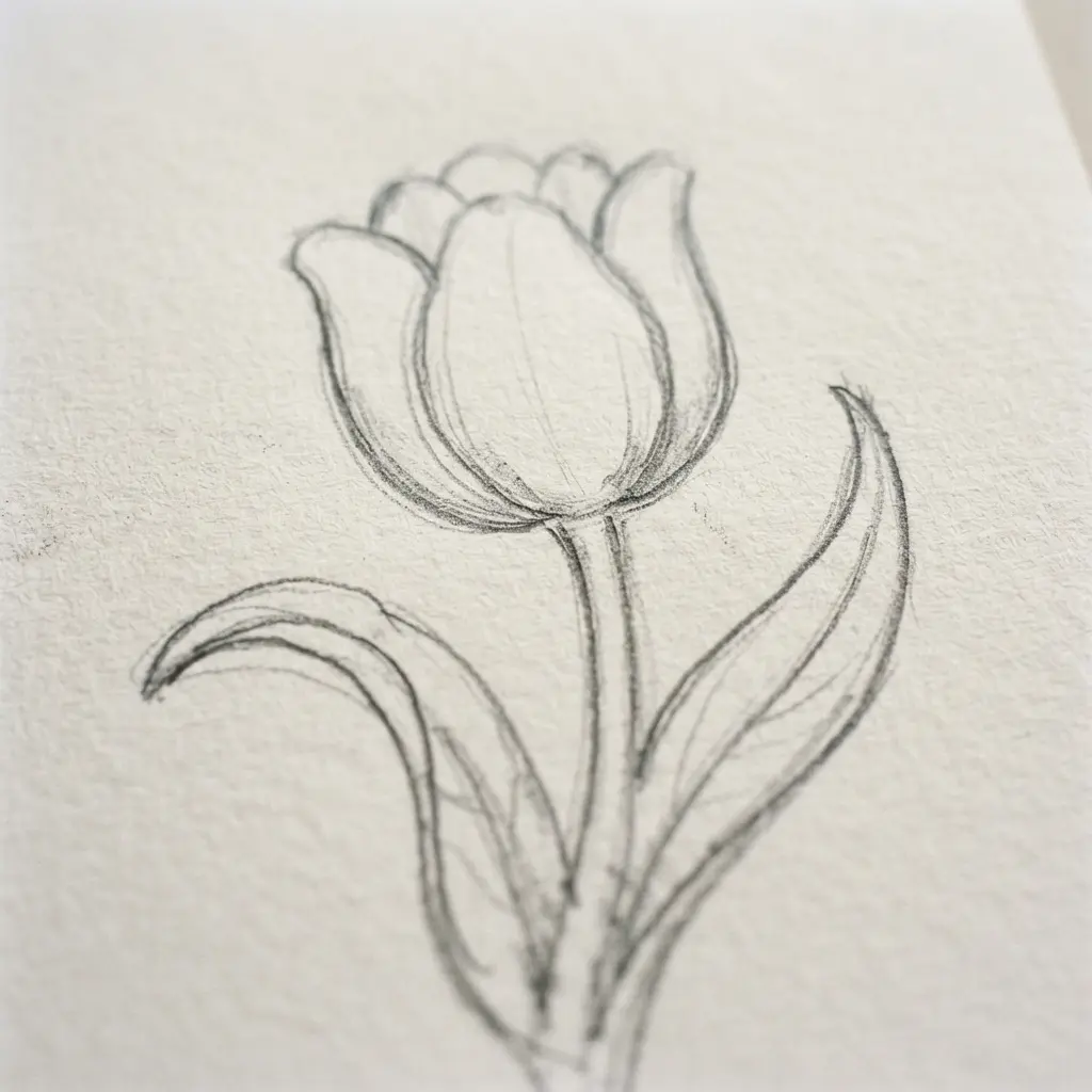 Long, curved leaf shapes added to the stem of a tulip drawing.
