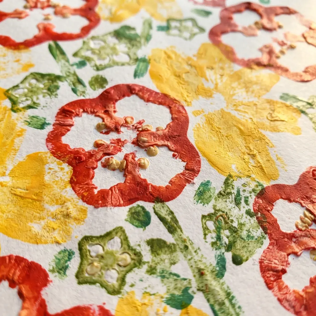 Flower stems and petals painted with stamps made from cut vegetables.