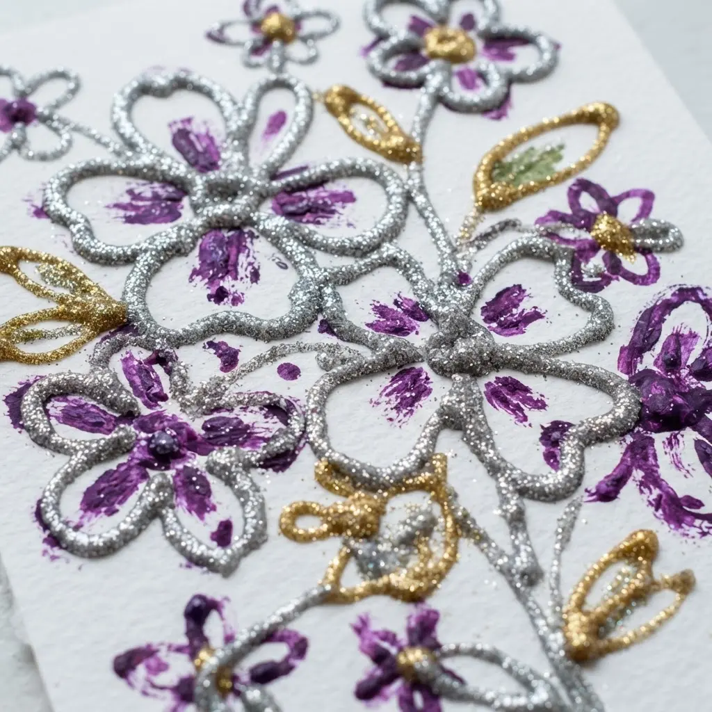 Painted paper flowers with added sparkle from glitter glue outlines.