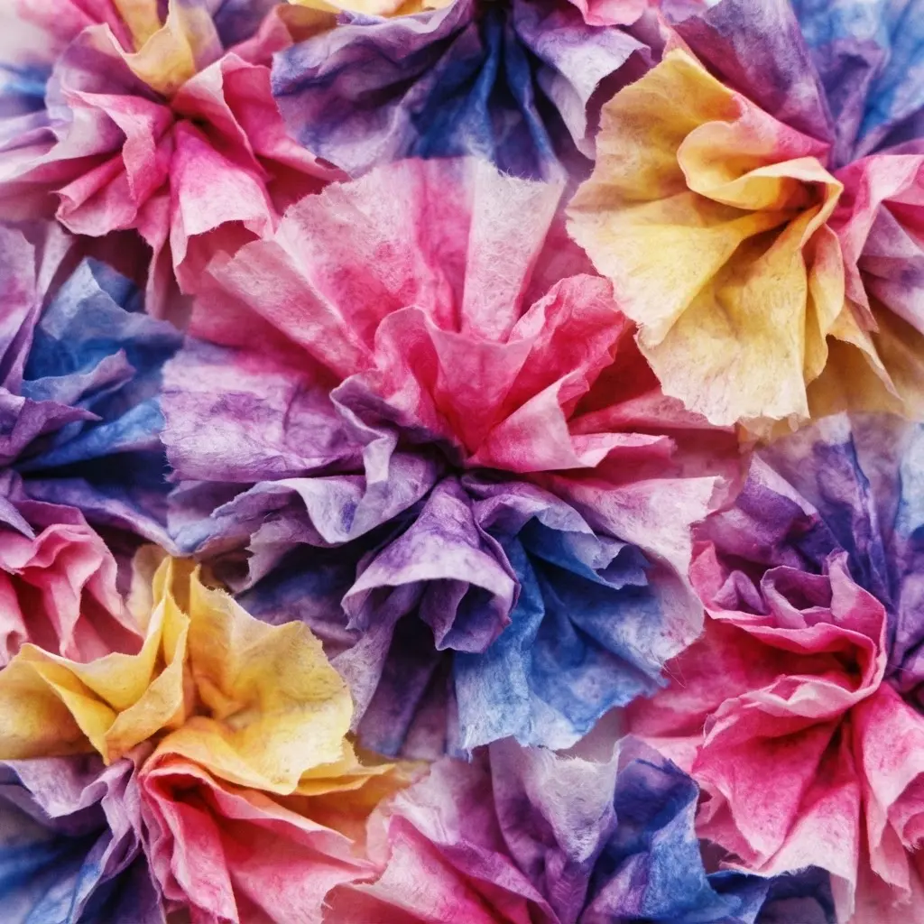 Vibrant flower petals made from tie-dyed coffee filters attached to a stem.